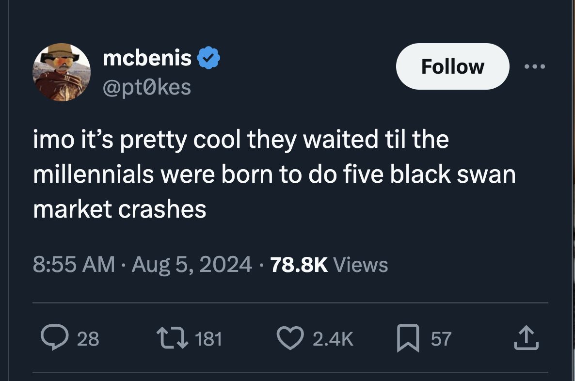 screenshot - mcbenis imo it's pretty cool they waited til the millennials were born to do five black swan market crashes Views 28 181 57